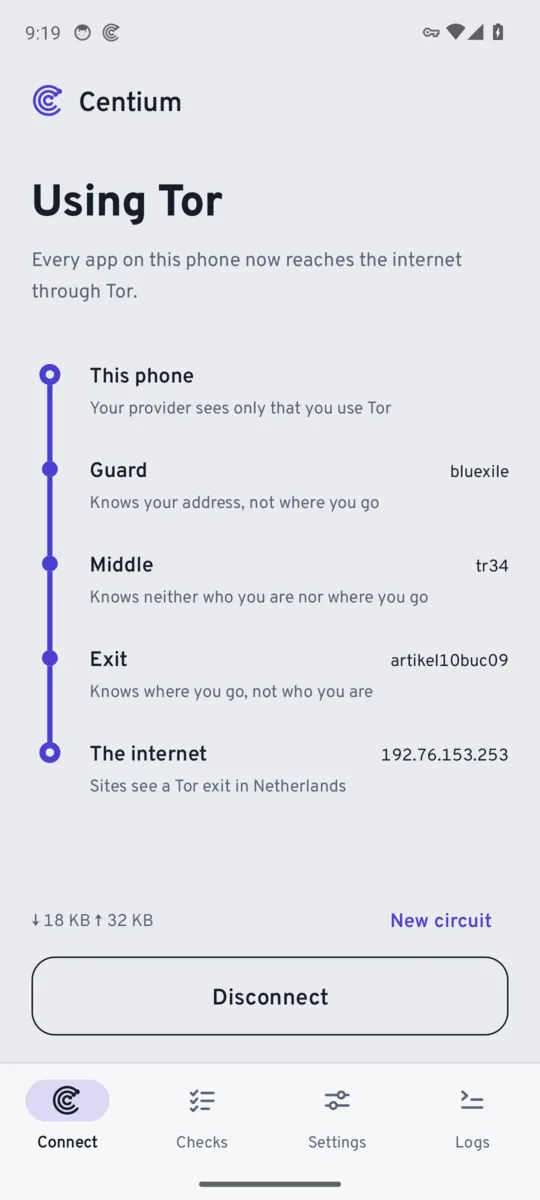 Centium's Connect screen, showing traffic going from the phone through a guard, middle and exit relay to the internet